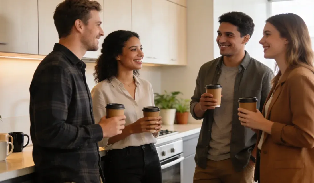 Quatre personnes discutent dans une cuisine, un café à la main